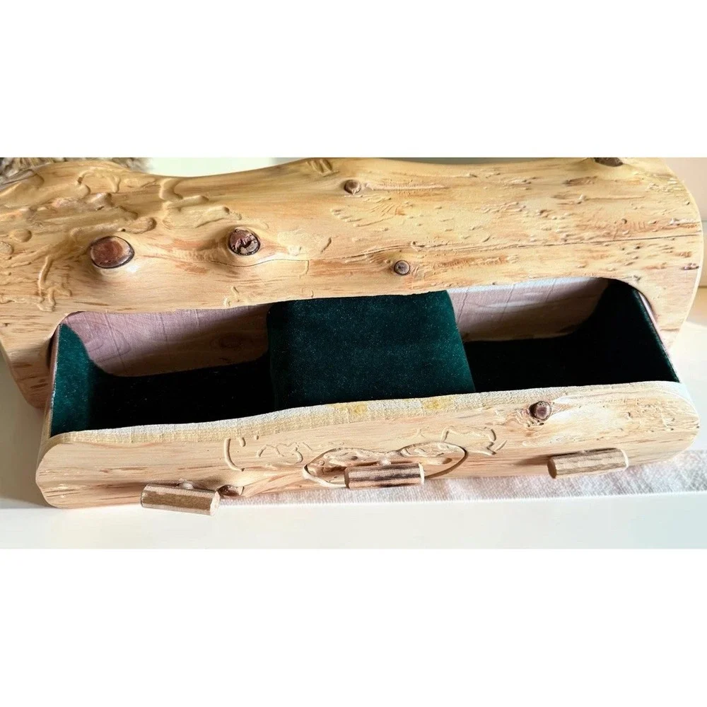 VTG Cedar Log Jewelry Box Hidden Drawer Heart Green Velvet Rustic 13
